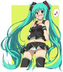  aqua_hair blue_eyes fang hatsune_miku long_hair lowleg musical_note navel panties paprika_(artist) skirt smile solo striped striped_panties thighhighs twintails underwear very_long_hair vocaloid 