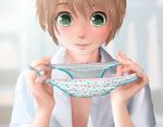  androgynous bad_id bad_pixiv_id blush brown_hair commentary_request green_eyes male_focus open_clothes open_shirt original panties print_panties shirt smile solo underwear yuki18r 