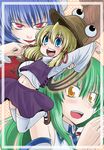  blonde_hair blue_eyes detached_sleeves green_hair hair_ornament hat kochiya_sanae kujira_lorant long_hair moriya_suwako multiple_girls red_eyes short_hair snake thighhighs touhou yasaka_kanako yellow_eyes 