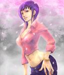  bad_id bad_pixiv_id bracelet breasts cleavage denim highres jeans jewelry klesa large_breasts leaning_forward navel nico_robin one_piece pants purple_hair sleeves_folded_up solo 
