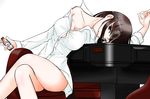  bad_id bad_pixiv_id bottle bottomless breasts brown_eyes brown_hair chair cleavage crossed_legs dress_shirt glasses hair_in_mouth large_breasts long_hair off_shoulder saki sawamura_tomoki shirt sitting solo table very_long_hair yaki_(aranda) 