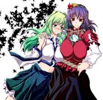  blue_hair breasts detached_sleeves green_eyes green_hair hair_ornament hasekura_noizu huge_breasts kochiya_sanae leaf_hair_ornament mirror multiple_girls navel red_eyes rope shimenawa skirt snake touhou yasaka_kanako 