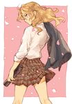  back blonde_hair copyright_request from_behind graduation kneepits long_hair looking_back plaid plaid_skirt red_eyes sakamoto_atsumu school_uniform sketch skirt solo tube 