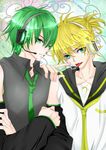  2boys blonde_hair genderswap green_hair hatsune_miku hatsune_mikuo headset kagamine_len multiple_boys vocaloid 