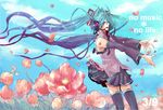  aqua_eyes aqua_hair day detached_sleeves flower hatsune_miku headphones long_hair mikupa necktie petals skirt sky smile solo tasuku_(otomebotan) thighhighs twintails very_long_hair vocaloid wind zettai_ryouiki 