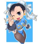  black_hair blue_eyes bun_cover china_dress chinese_clothes chun-li dress okera one_eye_closed pantyhose pelvic_curtain sash solo street_fighter 