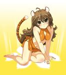  2010 :&lt; ahoge animal_ears bad_id bad_pixiv_id barefoot bikini brown_hair chikuwan highres legs long_hair navel original solo swimsuit tail tiger_ears 