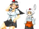  animal_ears black_hair black_wings blush breasts detached_sleeves hat inubashiri_momiji large_breasts multiple_girls nazotyu red_eyes shameimaru_aya short_hair skirt tail tokin_hat touhou white_hair wings wolf_tail 