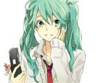  alternate_costume aqua_eyes aqua_hair bad_id bad_pixiv_id cameo cellphone eikam face hand_on_own_face hands hatsune_miku long_hair necktie one_piece phone school_uniform smile solo sweater tony_tony_chopper twintails upper_body vocaloid 