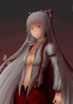  bjinx fujiwara_no_mokou hair_ribbon long_hair open_clothes open_shirt red red_eyes ribbon shirt solo touhou 