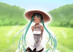  aqua_hair arms_behind_back bare_shoulders blurry closed_eyes hat hatsune_miku imada_hidehito long_hair nature skirt smile solo twintails very_long_hair vocaloid 