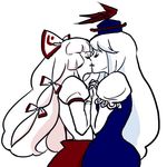  closed_eyes couple fujiwara_no_mokou hair_ribbon hat holding_hands kamishirasawa_keine kiss long_hair multiple_girls profile ribbon tadashi touhou white_hair yuri 