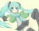  aqua_eyes aqua_hair hatsune_miku highres long_hair lying pillow solo thighhighs twintails usashiro_mani vocaloid zettai_ryouiki 