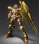  clenched_hands gradient gradient_background green_eyes grey_background gundam gundam_00 gundam_00_a_wakening_of_the_trailblazer huge_weapon machinery mecha no_humans reborns_gundam shade shiny simple_background standing weapon zb 