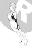  arms_behind_back ayanami_rei bangs bodysuit breasts cao-cao dutch_angle from_side full_body greyscale hair_between_eyes headgear looking_up medium_breasts monochrome neon_genesis_evangelion number pilot_suit plugsuit short_hair solo standing turtleneck 