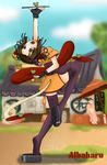  albaharu bad_anatomy battle_fantasia black_hair blush brown_eyes clog_sandals coyori highres japanese_clothes kimono sandals short_hair solo tail thighhighs waitress 