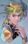  blonde_hair blood bracer dio_brando earrings eyelashes fingernails headband heart jewelry jojo_no_kimyou_na_bouken lips looking_at_viewer male_focus mask nail_polish pink_eyes pink_nails portrait sharp_fingernails skin_tight solo stone_mask_(jojo) touge_(kubiwa_tsuki) turtleneck upper_body 