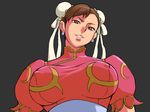  alternate_color breasts brown_eyes brown_hair bun_cover china_dress chinese_clothes chun-li covered_nipples double_bun dress earrings eyeshadow jewelry large_breasts lips makeup makya solo street_fighter 