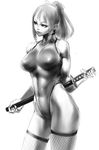  bad_id bad_pixiv_id breasts copyright_request cozy greyscale large_breasts leotard monochrome ponytail sketch solo sword weapon 