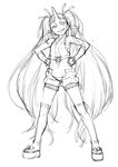  bad_id bad_pixiv_id cozy greyscale grin hands_on_hips head_tilt horn long_hair midriff monochrome navel original pointy_ears sketch smile solo thighhighs twintails uneven_eyes vambraces 