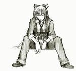  alternate_costume blazer bracelet closed_eyes formal fujiwara_no_mokou greyscale hair_ribbon iei jacket jewelry kamishirasawa_keine long_hair monochrome necktie pant_suit pants photo_(object) ribbon sitting sketch sleeves_rolled_up solo suit take_(takemikazuchi) touhou 