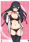  bad_id bad_pixiv_id black_hair blush bra breasts cleavage large_breasts lingerie long_hair navel necktie open_clothes open_shirt original panties polka_dot polka_dot_bra polka_dot_panties shirt skindentation solo t-track thigh_gap thighhighs underwear untied 