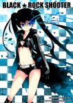  absurdres bad_id bad_pixiv_id bikini_top black_hair black_rock_shooter black_rock_shooter_(character) blue_eyes burning_eye coat hagal highres long_hair midriff navel short_shorts shorts solo star twintails very_long_hair 