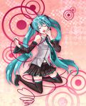  alloces aqua_hair boots closed_eyes detached_sleeves hatsune_miku highres kneeling legs long_hair microphone music necktie singing skirt smile solo thigh_boots thighhighs twintails very_long_hair vocaloid zettai_ryouiki 