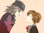  1girl aragaki_shinjirou bad_id bad_pixiv_id beanie blush brown_hair couple female_protagonist_(persona_3) hat hetero open_mouth partially_translated persona persona_3 persona_3_portable red_eyes ribbon school_uniform sweatdrop translation_request trench_coat yamada_maya_(yamada83) 