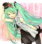  aqua_hair dress gloves hat hatsune_miku headphones headset long_hair mikupa mini_hat mini_top_hat pantyhose solo top_hat twintails unohana_tsukasa very_long_hair vocaloid 