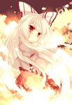  bad_id bad_pixiv_id bow fire fujiwara_no_mokou hair_bow highres large_bow long_hair looking_at_viewer looking_back red_eyes smile solo suspenders touhou uranaishi_(miraura) white_hair 