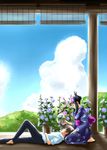  1girl barefoot black_hair blood brown_hair cloud couple day fan flower hair_flower hair_ornament hetero japanese_clothes kimono koiso_kenji lap_pillow lying morning_glory nosebleed on_back osuzu_akiomi paper_fan profile seiza shinohara_natsuki sitting sky summer_wars uchiwa veranda 