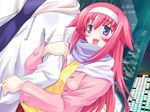  1boy 1girl :d arm_hug blue_eyes game_cg kamina_sana mutsumi_masato open_mouth pink_hair shimaima. smile yuuki_asuma 