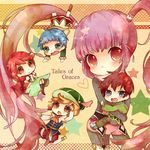  3boys asbel_lhant blonde_hair blue_hair brown_hair cheria_barnes chibi copyright_name green_shirt hat hubert_ozwell hug miyuko multiple_boys multiple_girls pink_hair purple_hair richard_(tales) shirt sophie_(tales) tales_of_(series) tales_of_graces twintails younger 