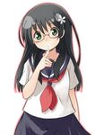  bad_id bad_pixiv_id bespectacled black_hair flower glasses green_eyes hair_flower hair_ornament long_hair mukunoki_nanatsu sakugawa_school_uniform saten_ruiko school_uniform serafuku skirt solo to_aru_kagaku_no_railgun to_aru_majutsu_no_index 