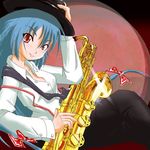  &gt;:) adapted_costume alternate_hair_color baritone_saxophone blue_hair bow dress_shirt fedora fujiwara_no_mokou glint hair_bow hat instrument long_hair looking_at_viewer northfox pants red_eyes saxophone shiny shirt smile solo strap suspenders touhou unbuttoned v-shaped_eyebrows very_long_hair 