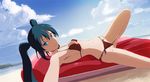  aqua_eyes aqua_hair armpits bad_id bad_pixiv_id beach bikini brown_bikini cloud day dutch_angle hatsune_miku inflatable_raft long_hair lying navel on_side outdoors reaching_out self_shot shiika_sadamasa sky smile solo swimsuit twintails vocaloid 