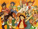  6+boys abs artist_request beard black_hair blonde_hair breasts bulma cigarette cleavage cleavage_cutout cowboy_hat cross_epoch crossover dragon_ball energy_gun extra_arms eyepatch facial_hair food goggles goggles_on_head green_hair green_skin hair_over_one_eye hat heart heart_eyes horns kuririn meat medium_breasts monkey_d_luffy multi-tied_hair multiple_boys multiple_girls muten_roushi nami_(one_piece) nico_robin one_piece open_clothes open_mouth open_vest orange_hair piccolo pink_hat purple_hair ray_gun sanji scar smoking son_gokuu straw_hat sword teeth tony_tony_chopper trunks_(dragon_ball) usopp vegeta vest weapon white_hair 