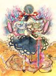  blue_hair dress dual_persona ex-keine green_hair hat horns kamishirasawa_keine long_hair multicolored_hair red_eyes ribbon scroll serious shinoasa sword sword_of_kusanagi touhou traditional_media watercolor_(medium) weapon white_hair 