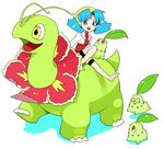  :3 aqua_hair bad_id bad_pixiv_id barefoot blue_eyes chikorita crystal_(pokemon) flower gen_2_pokemon gum_(gmng) hat meganium pokemon pokemon_(creature) pokemon_(game) pokemon_gsc simple_background sitting smile twintails 