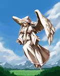  capelet closed_eyes cloud day flying hat hirosato lily_white long_hair mountain outstretched_arms sky solo touhou wings 