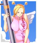  bazooka blonde_hair blue_eyes breast_squeeze breasts conis huge_breasts one_piece pitbull solo weapon wings 