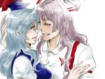  bad_id bad_pixiv_id couple eye_contact fujiwara_no_mokou grin hair_ribbon hat kamishirasawa_keine lips long_hair looking_at_another mokkosunn multiple_girls nail_polish pink_nails profile red_eyes ribbon smile touching touhou yuri 