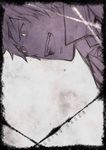  axis_powers_hetalia border bruise english fang frown injury looking_down male_focus monochrome open_mouth prussia_(hetalia) purple red_eyes sketch solo spot_color susukisonoichi sweat teeth text_focus wide-eyed 