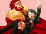  armor beard blush bob_cut book cape carrying facial_hair fate/zero fate_(series) green_eyes kebin male_focus multiple_boys necktie pointing princess_carry red_eyes red_hair rider_(fate/zero) waver_velvet 