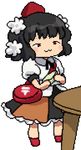  :3 black_hair black_skirt blush chibi frilled_skirt frills hat kimeemaru letter looking_at_viewer lowres medium_skirt pentagon pixel_art red_eyes shameimaru_aya skirt smile solo table tokin_hat touhou yukkuri_shiteitte_ne 