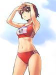  adidas beach_volleyball brown_eyes brown_hair buruma hand_on_forehead navel original satou_chiaki shading_eyes short_hair solo sports_bra sweat track_uniform uchiu_kazuma 