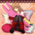  bad_id bad_pixiv_id barnaby_brooks_jr blonde_hair boots doily glasses green_eyes highres jacket jewelry lace_border male_focus mary-nana necklace pillow red_jacket solo stuffed_animal stuffed_bunny stuffed_toy tiger_&amp;_bunny 