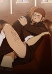  2boys 2guys anal bara blonde_hair blue_eyes brown_hair clothed_sex glasses highres male male_focus multiple_boys penis priest sex uncensored yaoi 
