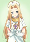  bad_id bad_pixiv_id blonde_hair blue_eyes blush breasts gloves gradient gradient_background hands_clasped hat hyakuen_raitaa large_breasts long_hair looking_at_viewer mint_adenade own_hands_together smile solo tales_of_(series) tales_of_phantasia 